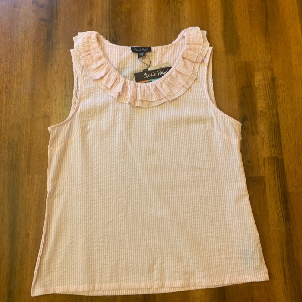 Charlie Paige NWT Top Large Pink White Stripes Tank Top with Ruffled Bib Collar